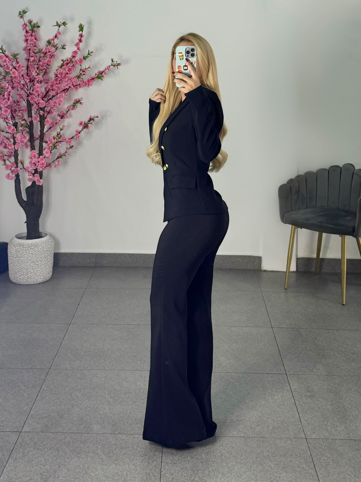 Conjunto negro blazer largo botones