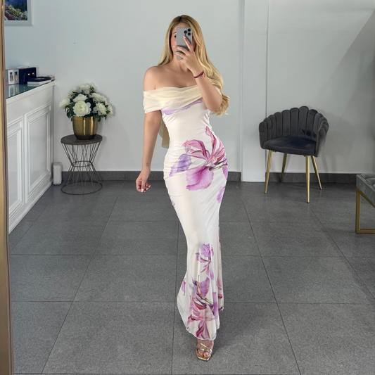 Vestido mesh beige flor