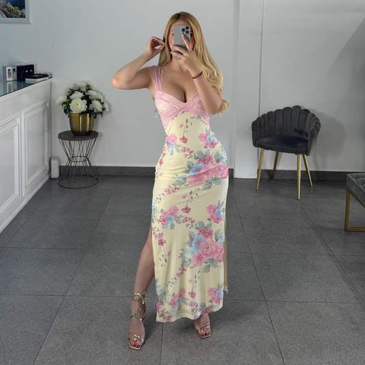 Vestido mesh amarillo y rosa