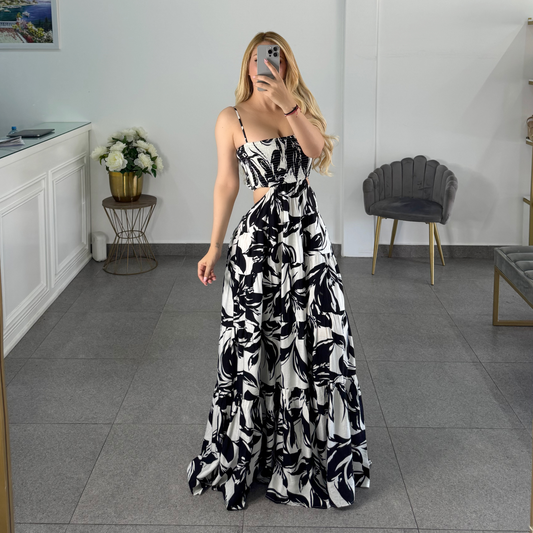 Vestido largo blanco y negro