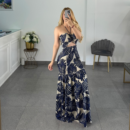 Vestido azul marino con beige