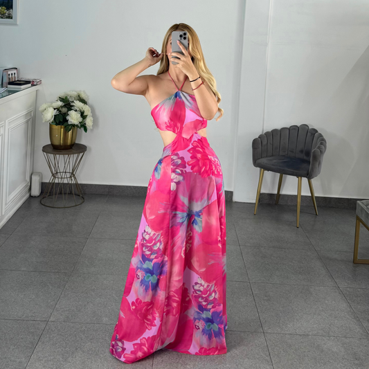 Vestido largo multi flores rosa