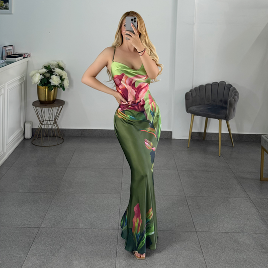 Vestido verde satin estampado