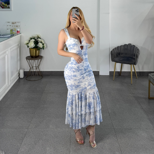 Vestido mesh azul con blanco